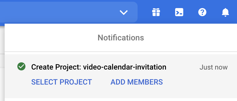 Notification showing that the new project has been created