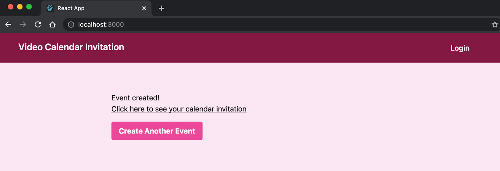 Event confirmation screen with link to Google Calendar event