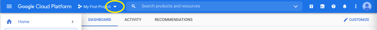 Google Cloud Console. The downward facing arrow is circled in yellow.