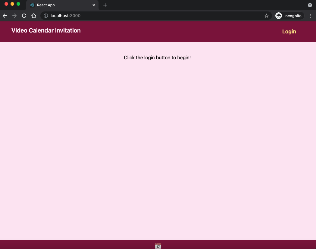 Video calendar invitation app, with "Click the login button to begin!" text at center.