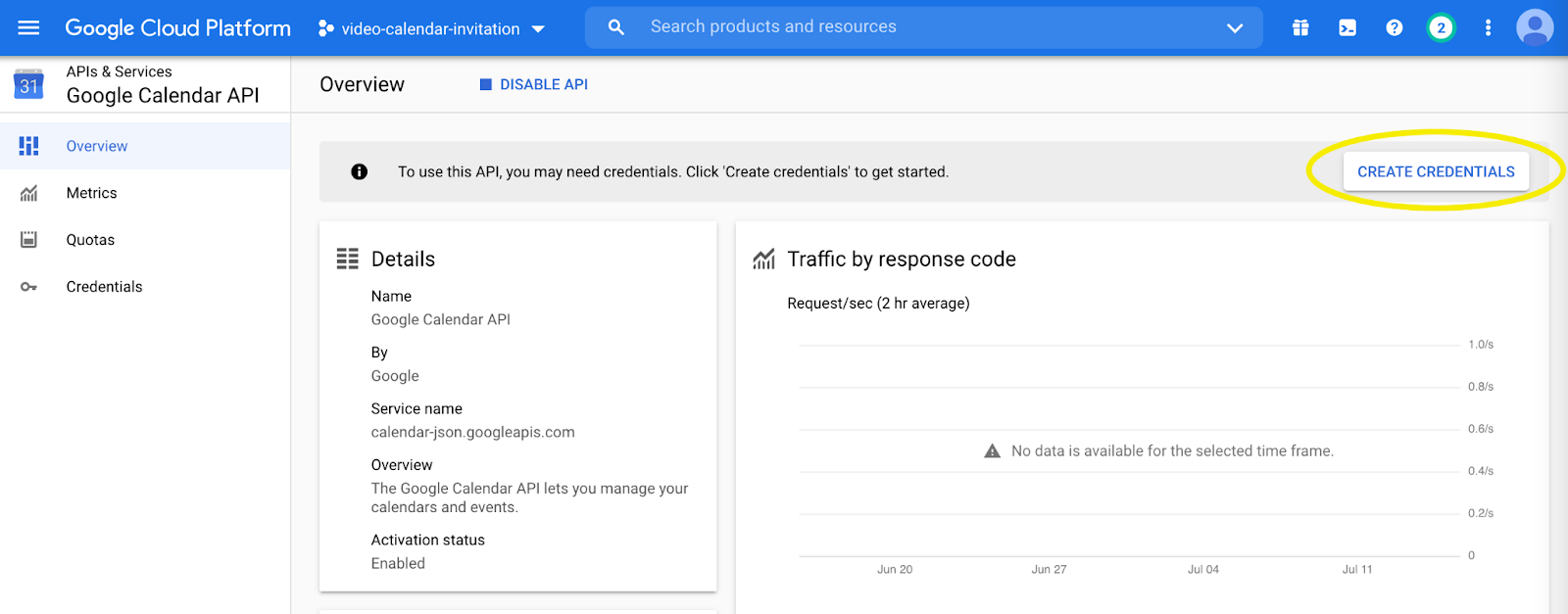 Screenshot of Calendar API overview page, with "Create Credentials" button circled