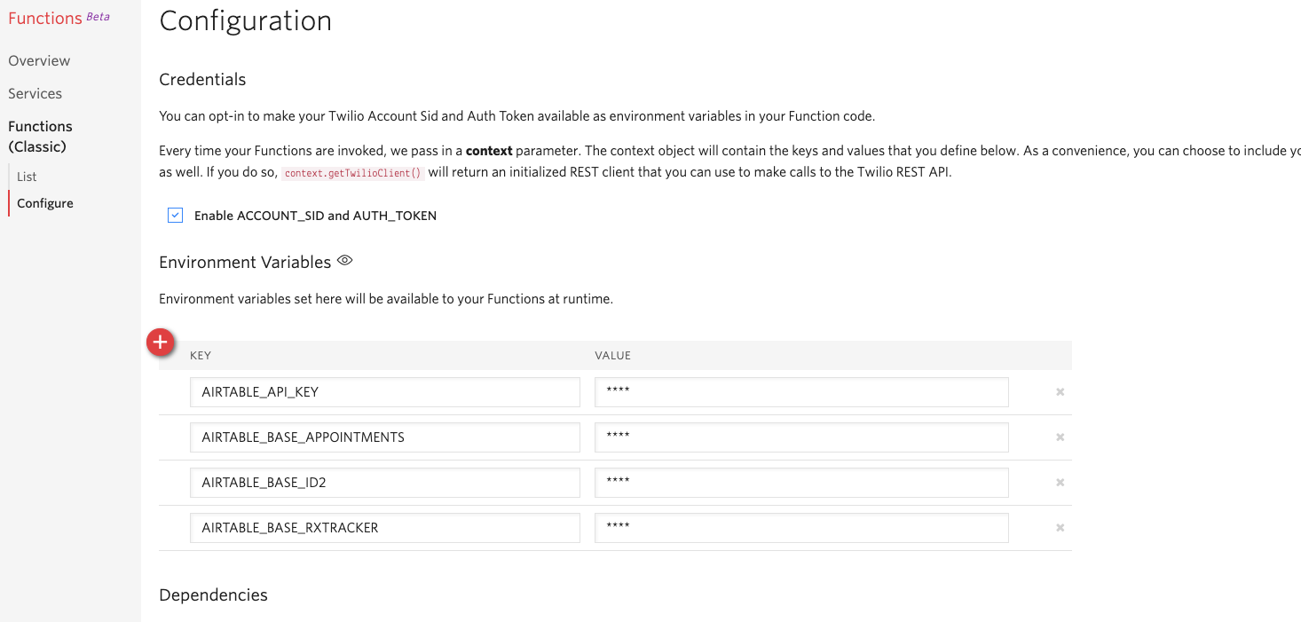 A screenshot showing where to configure your environment variables for console in the Twilio function