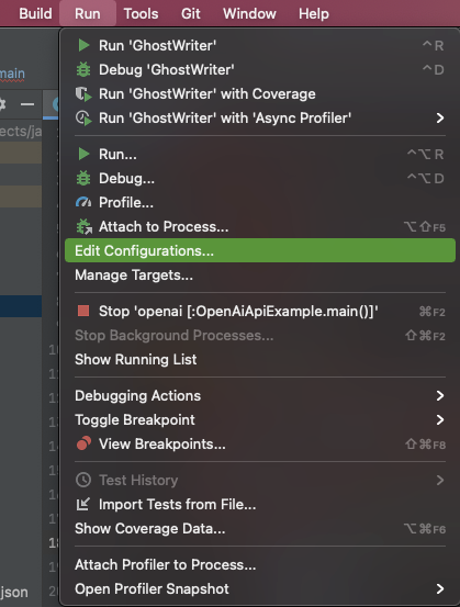 screenshot to edit configurations for the java application