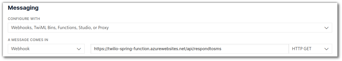 The section of the Twilio console where you choose the webhook URL for incoming SMS.