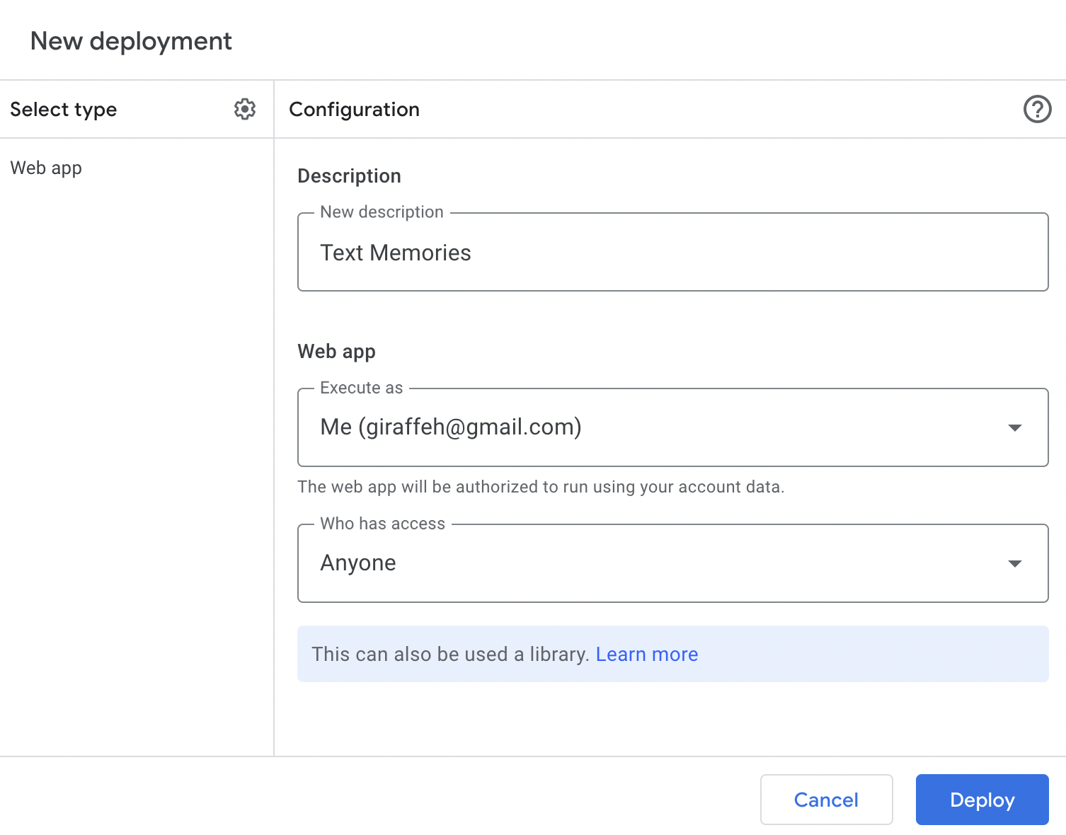 Deploy Google Sheets function