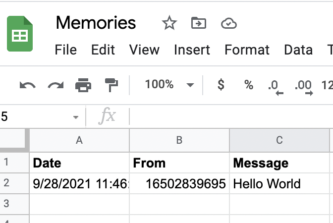 Example SMS saved to Google Sheet