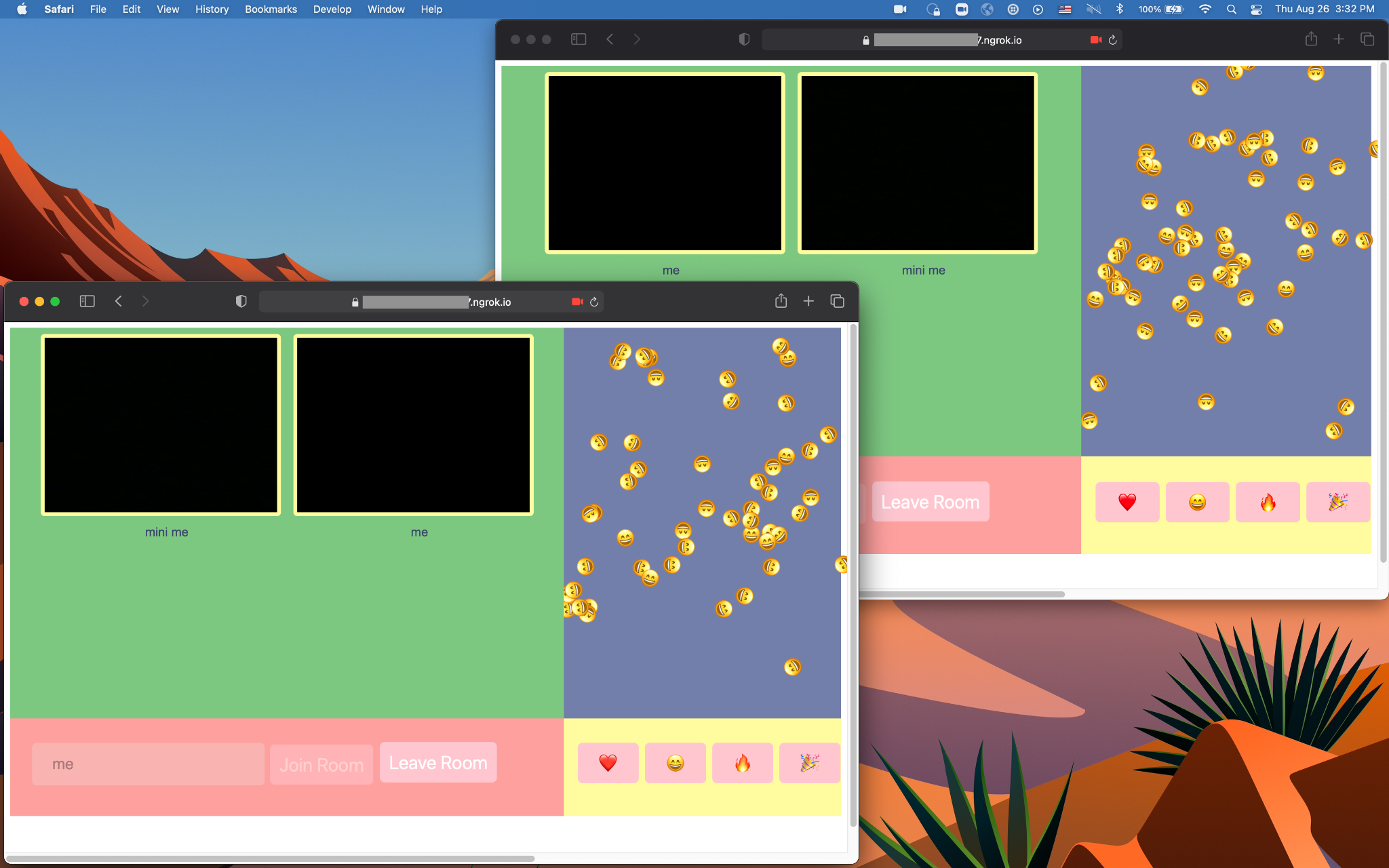 Two video chat windows open side by side. The smile emoji confetti fills both applications' canvas elements.