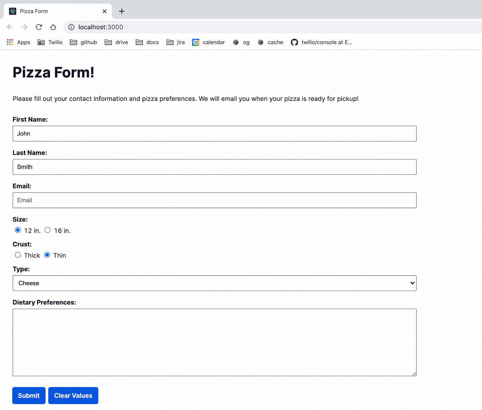 Pizza Form on Refresh