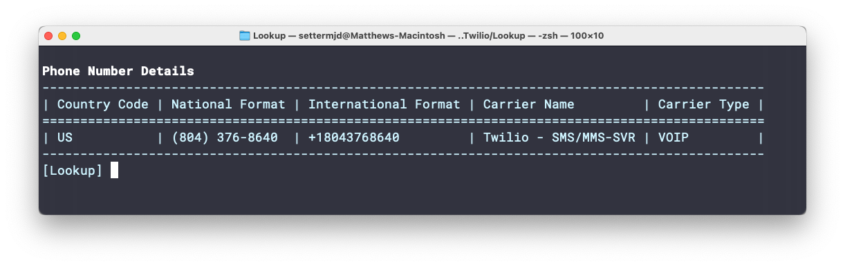 The phone number information rendered to the terminal in a nice looking table.