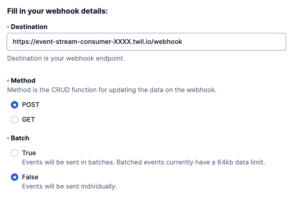 Console screenshot showing webhook sink details as described in prose.