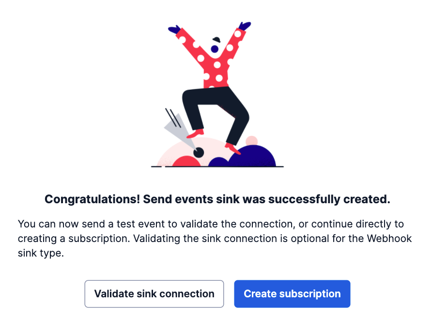 screenshot showing "congratulations" for creating an event sink and a button for "Create Subscription"