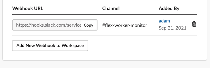 Slack console showing where to find the webhook URL
