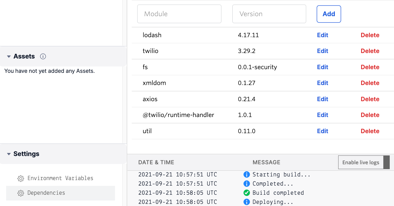 Twilio Functions dependencies console screenshot showing Axios added at 0.21.4