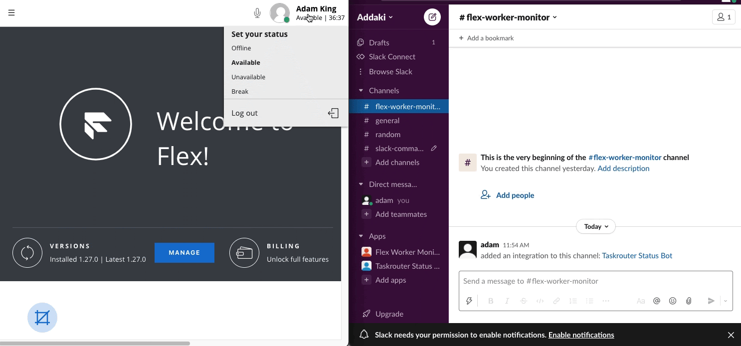 Animated gif showing a slack message arriving when a worker changes their activity status in Flex. Job done.