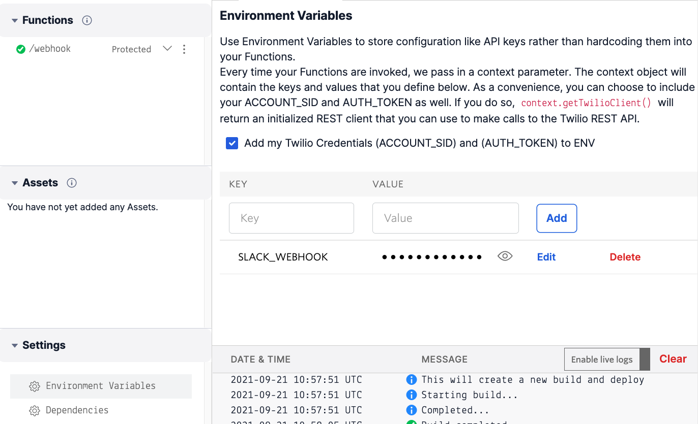 Twilio console screenshot showing setting an environment variable.