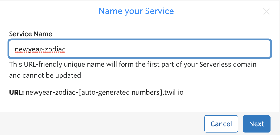 Create a new Twilio Functions Service named "newyear-zodiac"