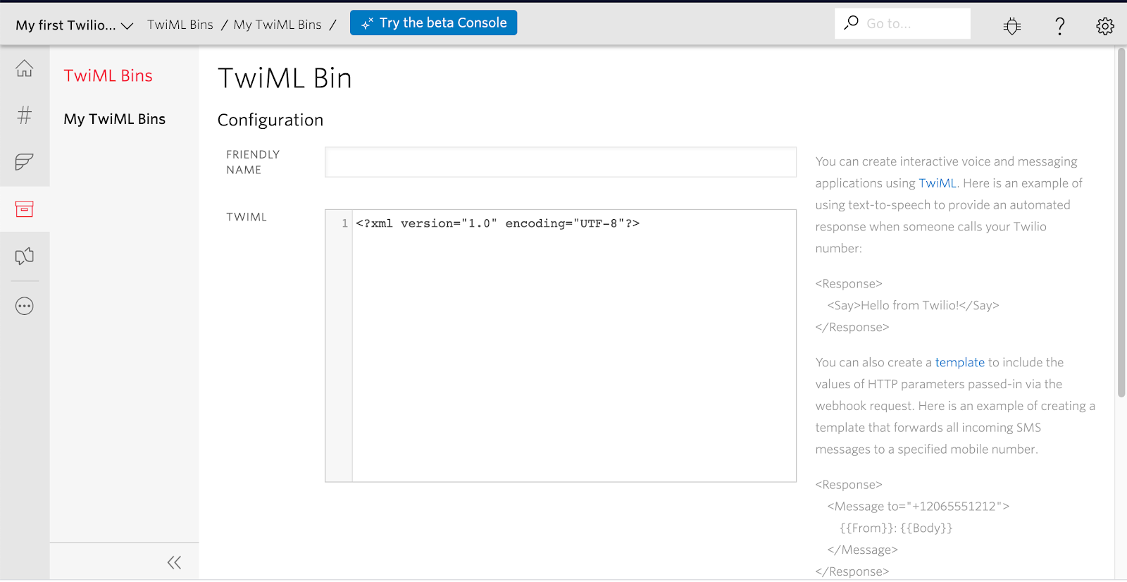 Screenshot of TwiML Bin configuration page