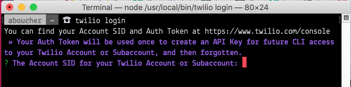 Screenshot of terminal showing twilio login command