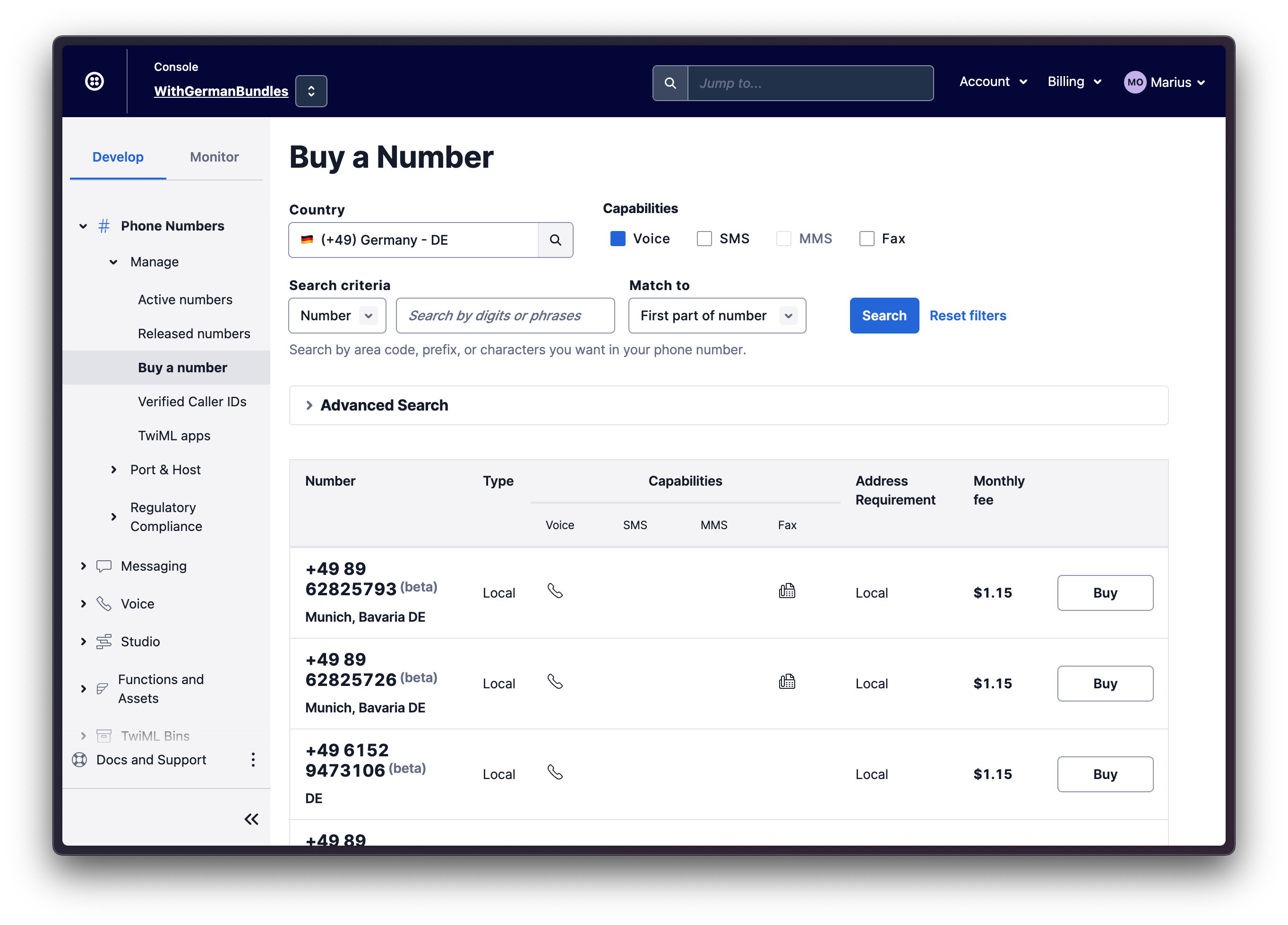 Buy a number in the Twilio console