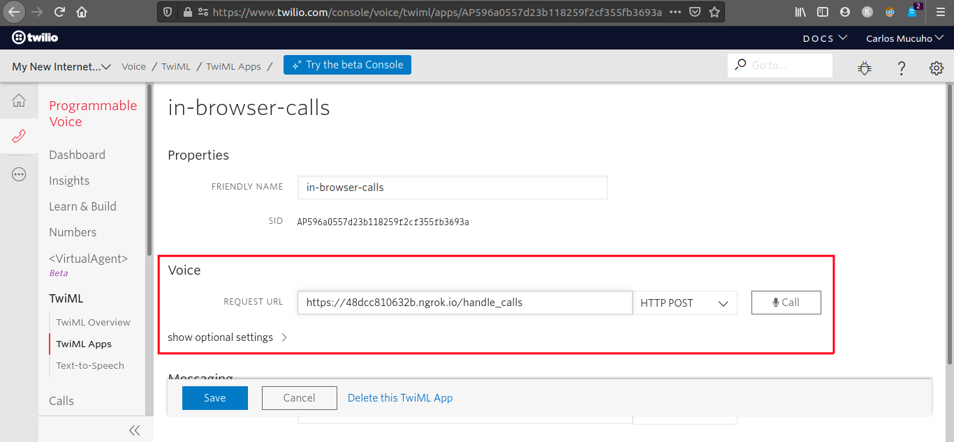 Configure voice webhook in TwiML App