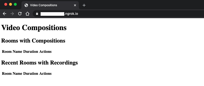 Browser window pointing to an ngrok.io URL, displaying the Video Compositions header and two tables with no styling added.