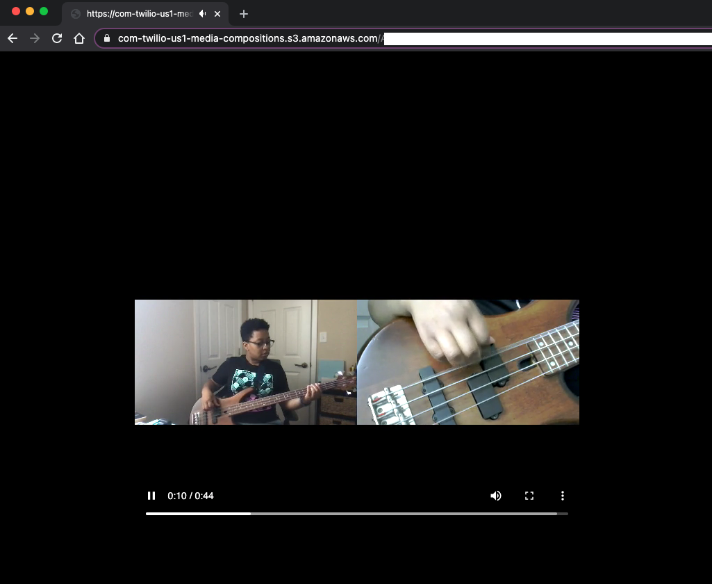 Screenshot from a video composition of Mia Adjei playing a bass guitar.