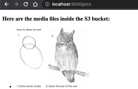 localhost:5000 page displaying the media files inside the Amazon S3 bucket