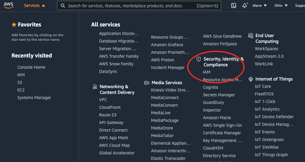 AWS dashboard with Services tab opened to see the Security, Identity, and Compliance section with IAM underneath