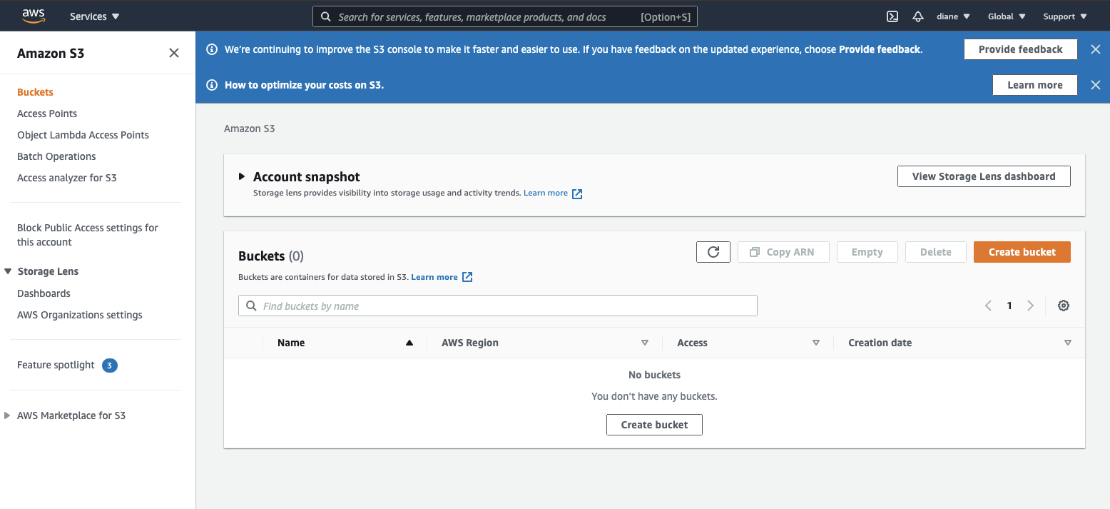 Amazon S3 dashboard with option to Create bucket