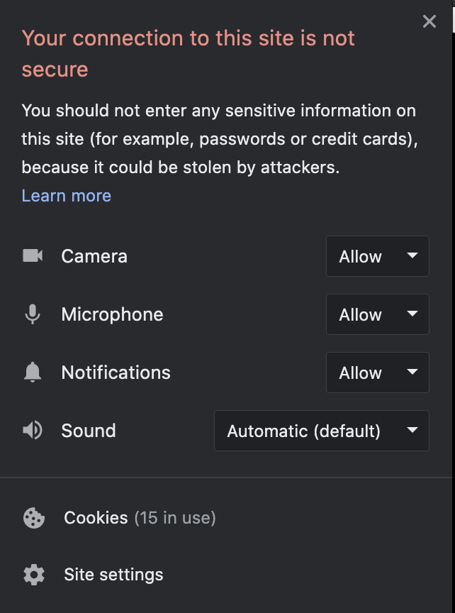Screenshot showing browser permissions