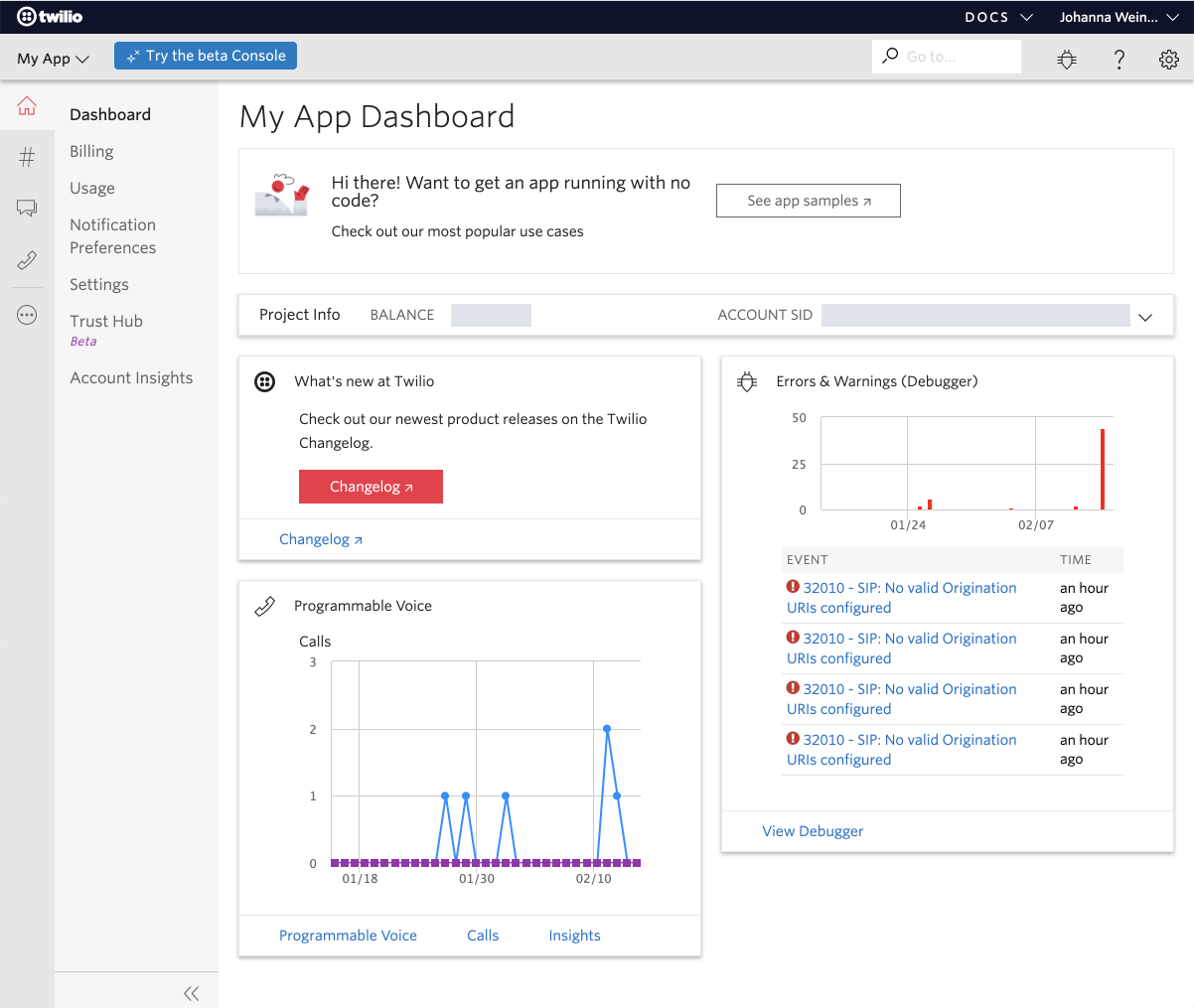 my app dashboard in console