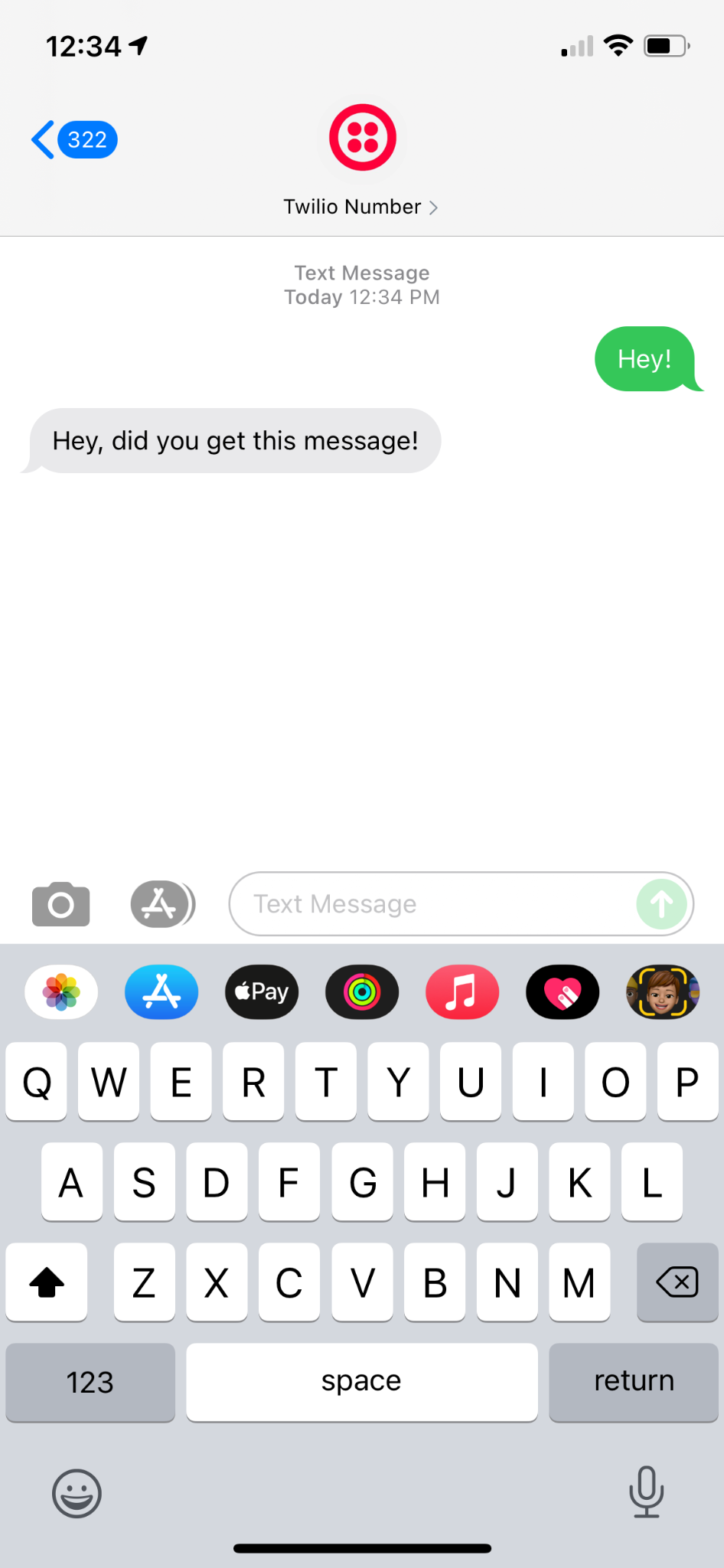 screenshot of automatic textback using twilio sms
