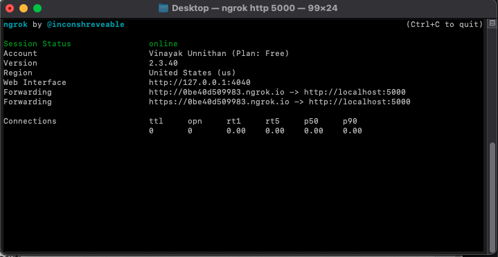 ngrok http 5000 on the terminal