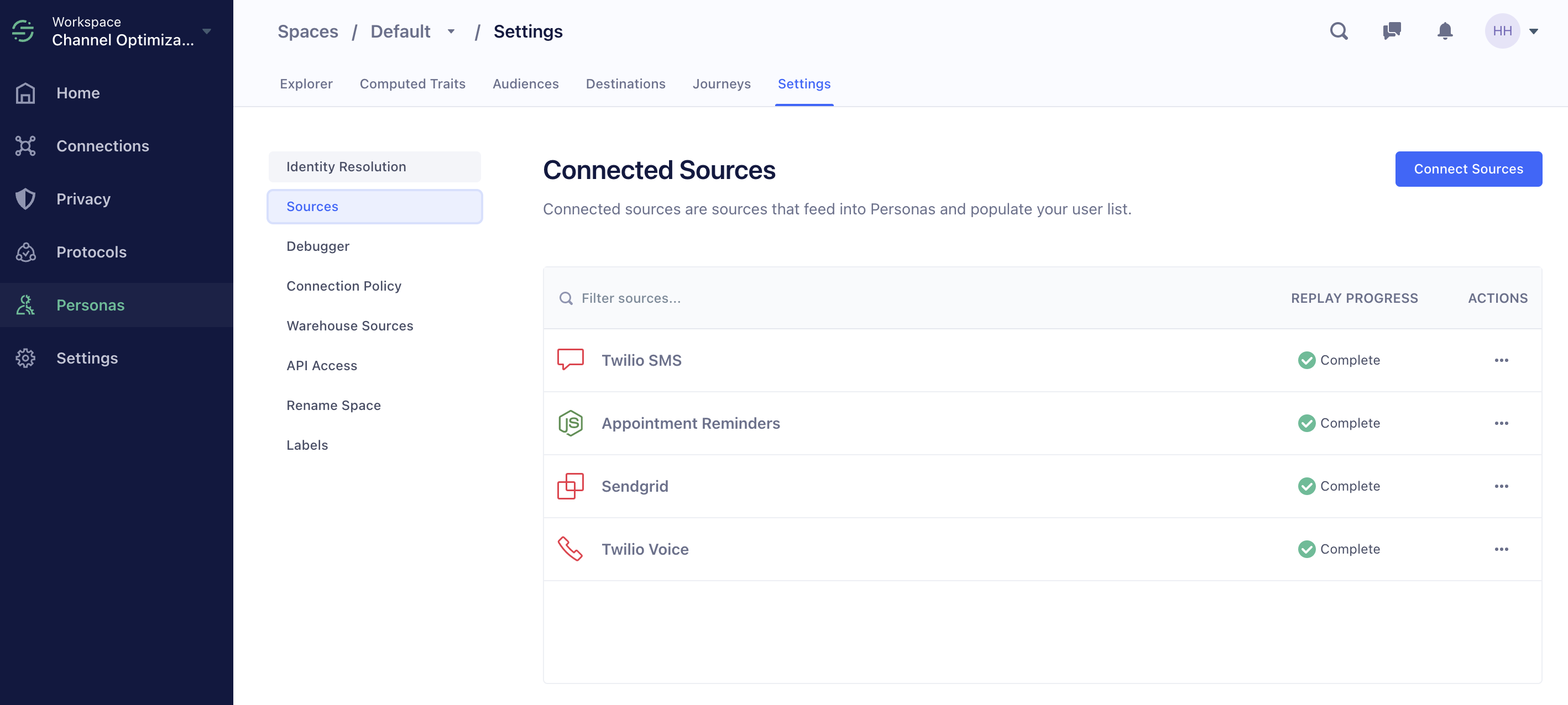 Segment Connected Sources screenshot with Twilio SMS