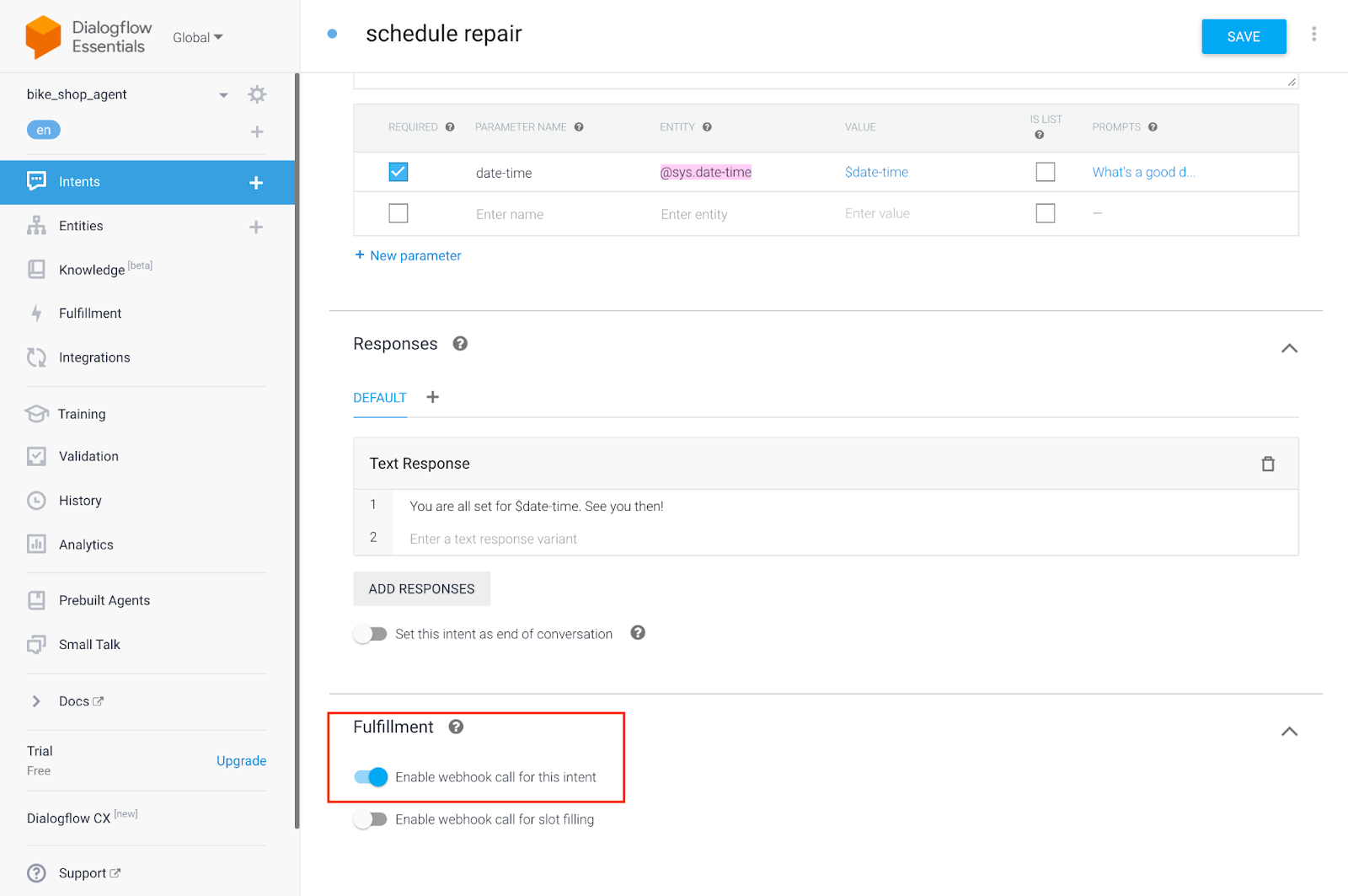 Dialogflow intent fulfillment