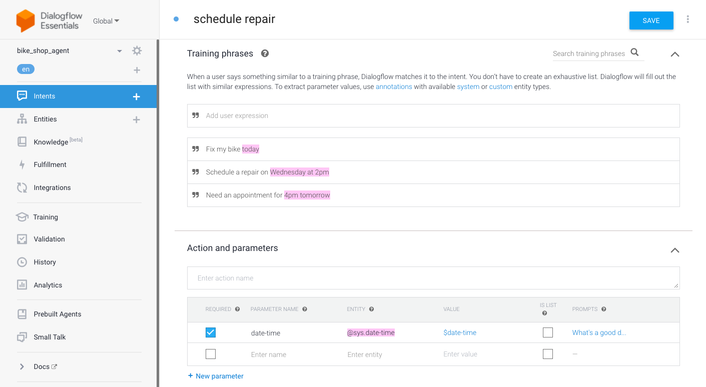 Google Dialogflow intent