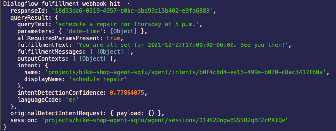 Dialogflow webhook example response