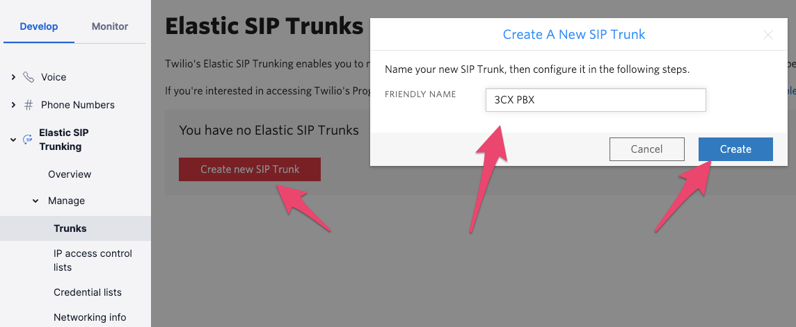 Create a new SIP trunk in Twilio for 3CX