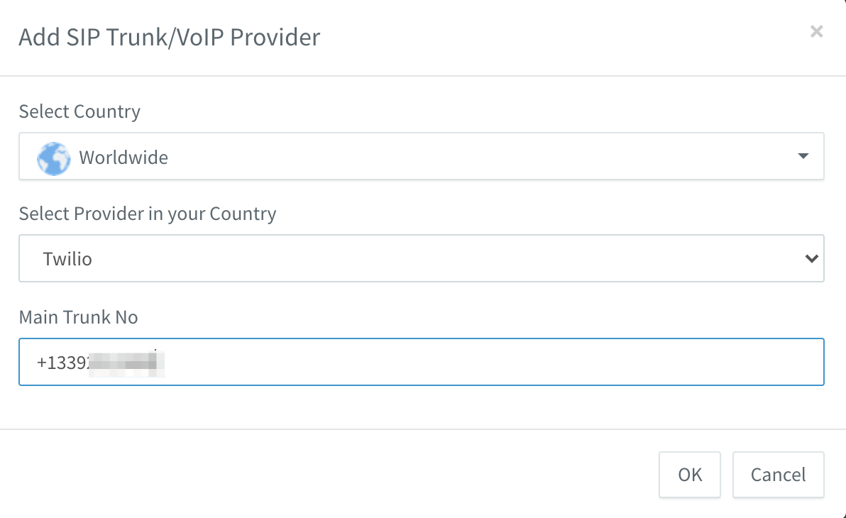 3CX SIP trunk provider screenshot showing the addition of Twilio