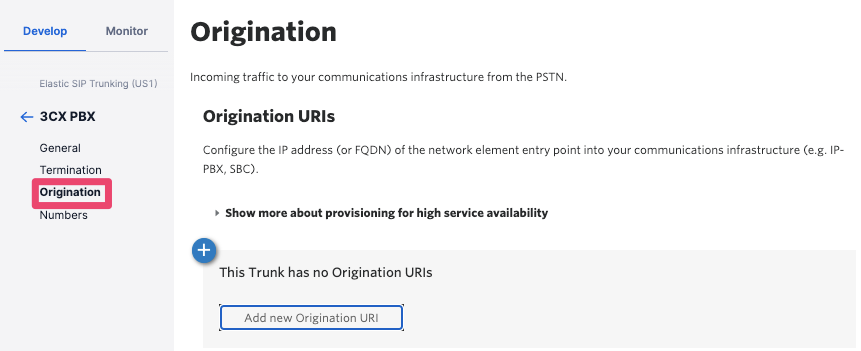 Origination settings in Twilio for 3CX