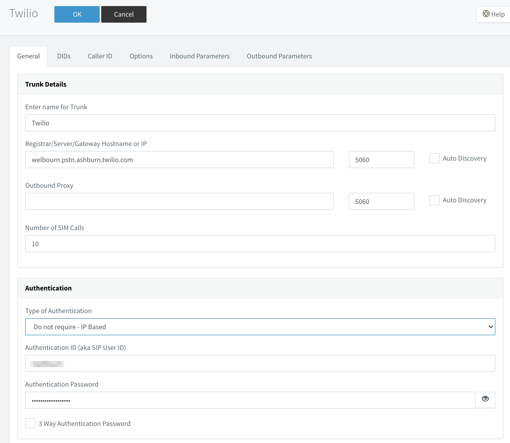 3CX SIP trunk detail screenshot after adding Twilio