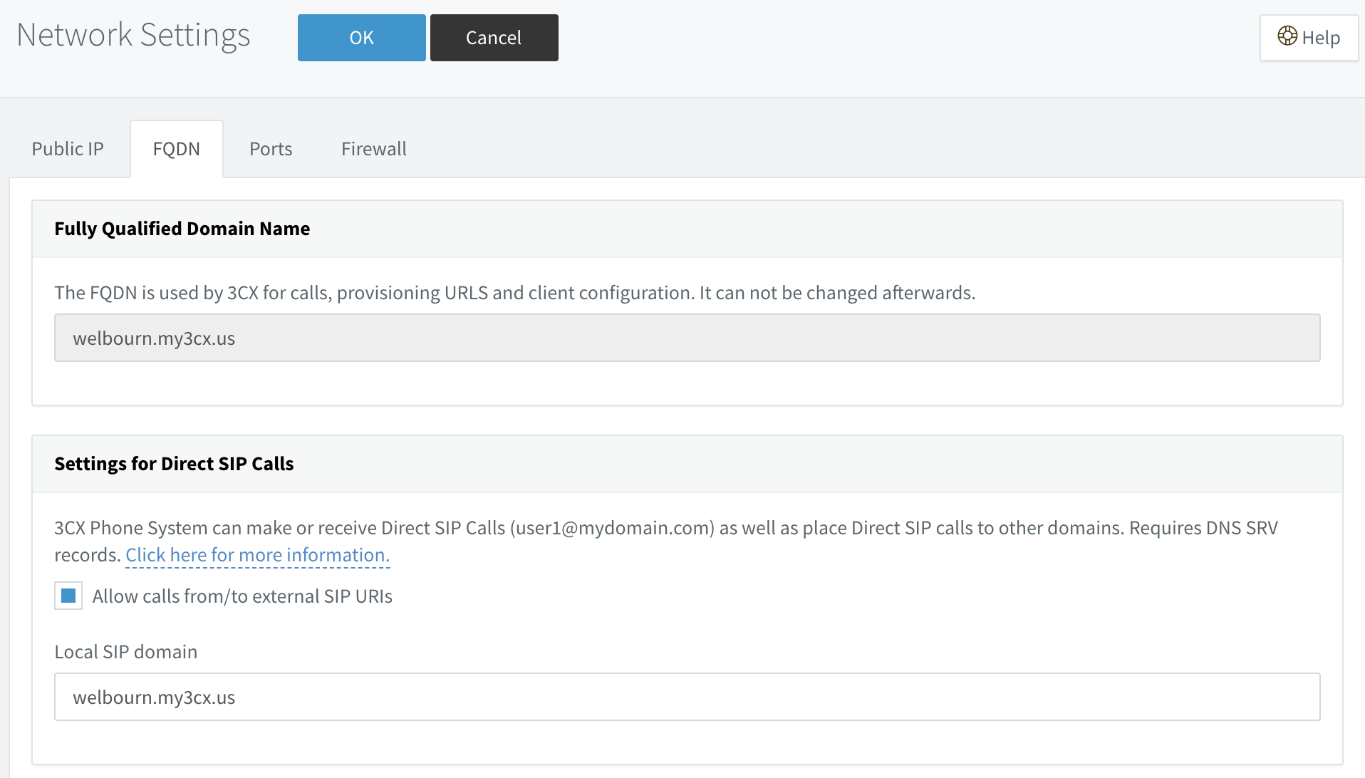 3CX Network Settings screenshot.