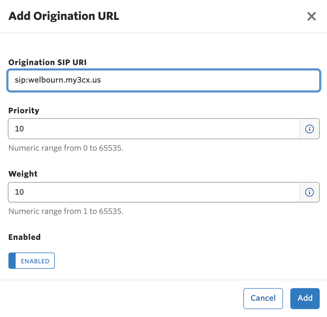 Twilio SIP trunk origination configuration screen with the SIP URI