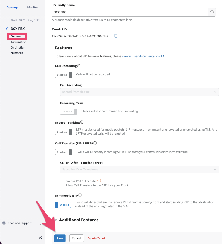 Accept the SIP trunk defaults in Twilio for 3CX