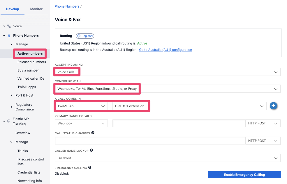 Set the Voice & Fax webhook in Twilio