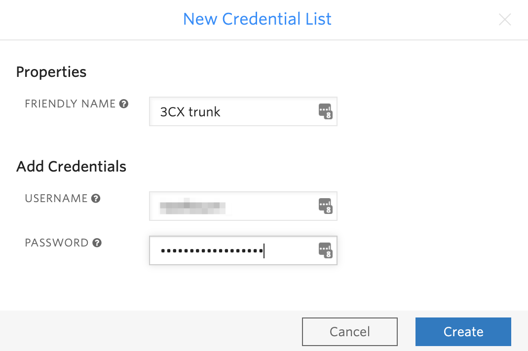 Twilio SIP Trunk credential list screenshot