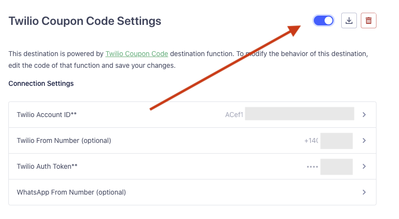 Enable a destination function in Segment using the slider