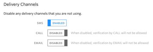 console do twilio verify mostrando chamadas desabilitadas e alternadores de canal de e-mail