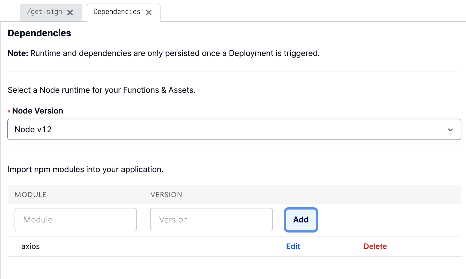 The dependencies section of Twilio Functions where you need to input axios as a dependency