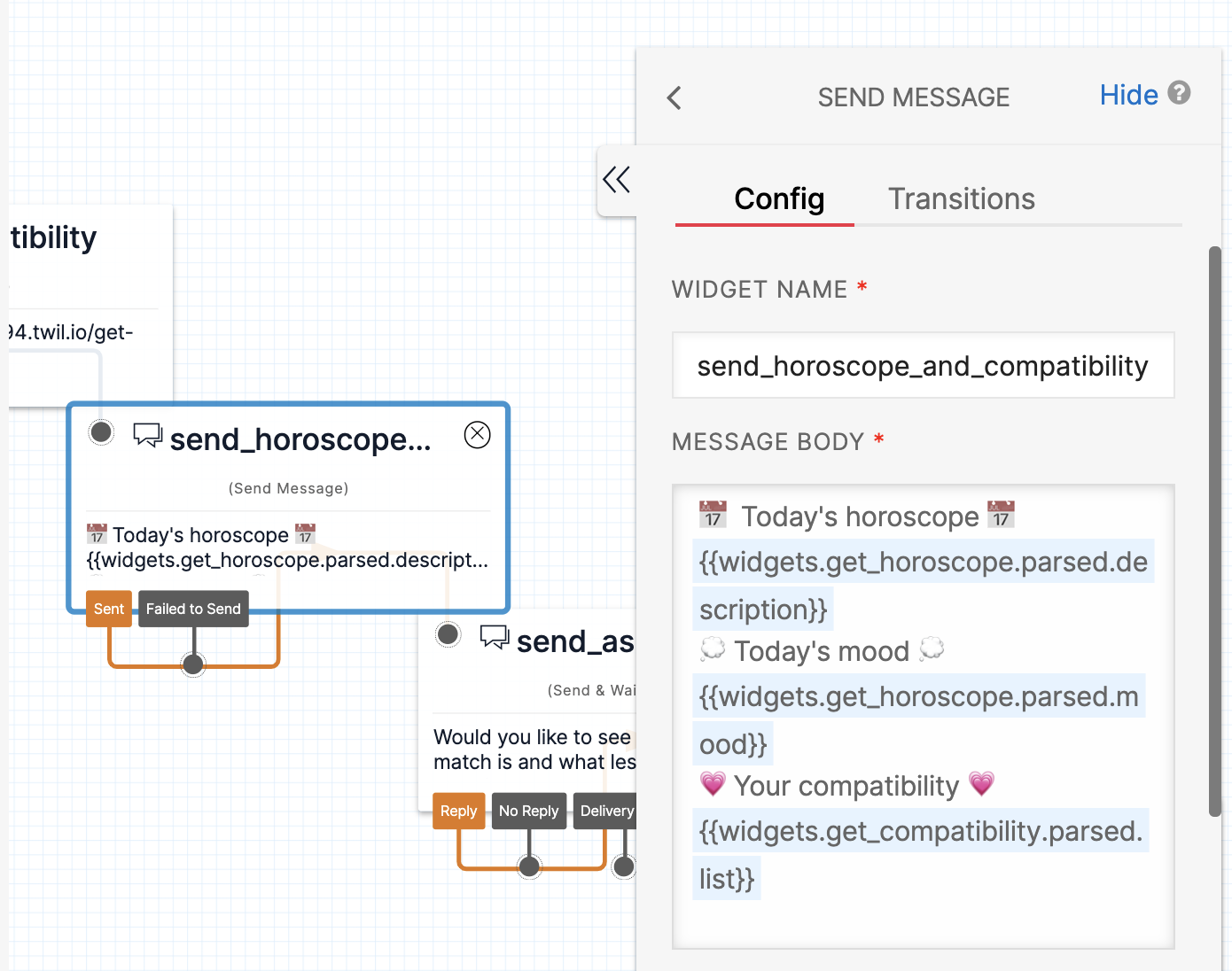 The message body of the send message widget that includes headings for the day&#x27;s horoscope, mood, and compatibility, and uses the templating language to pass in the data